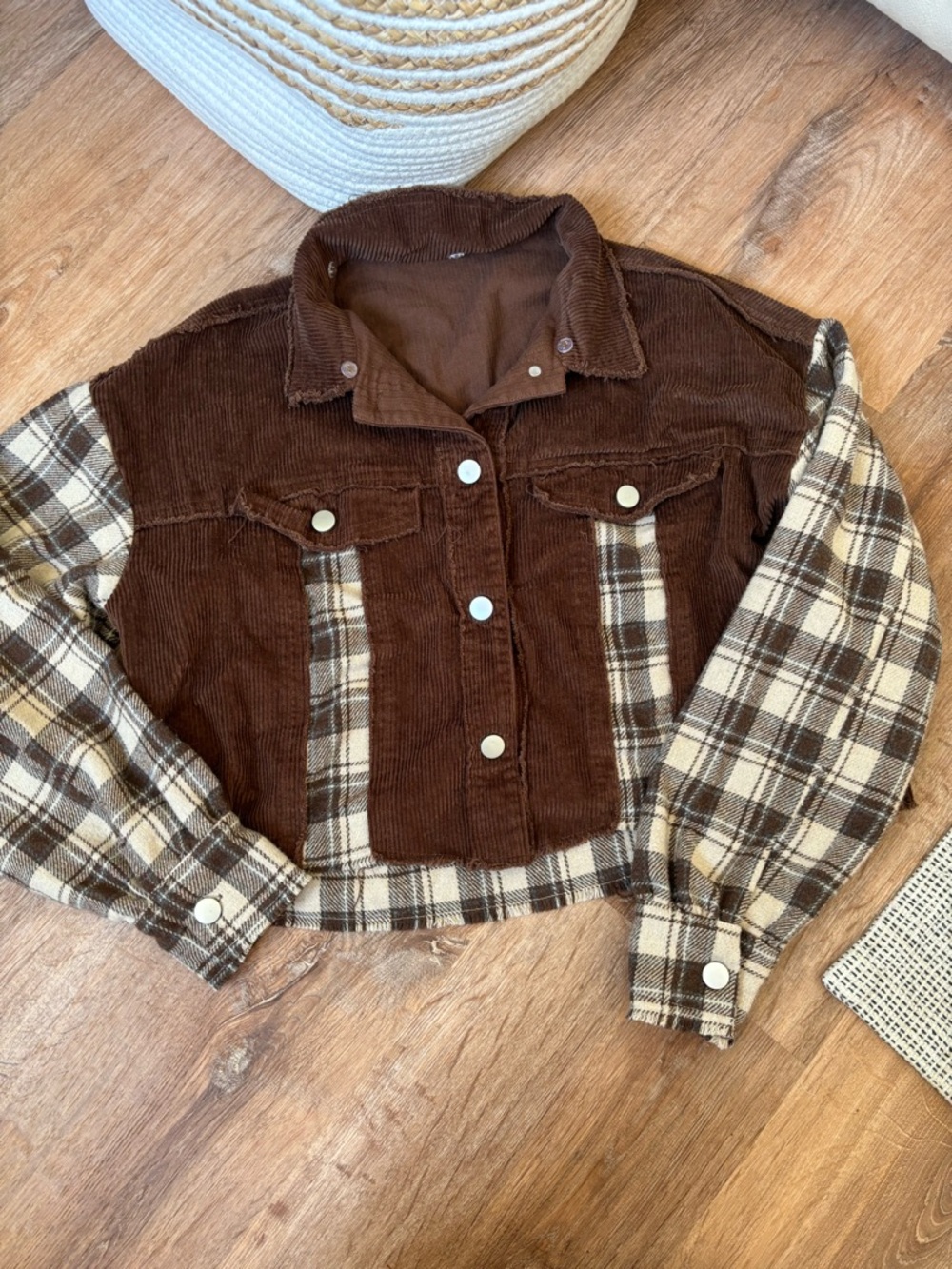 SHEIN size M Brown Corduroy & Plaid Cropped Shacket